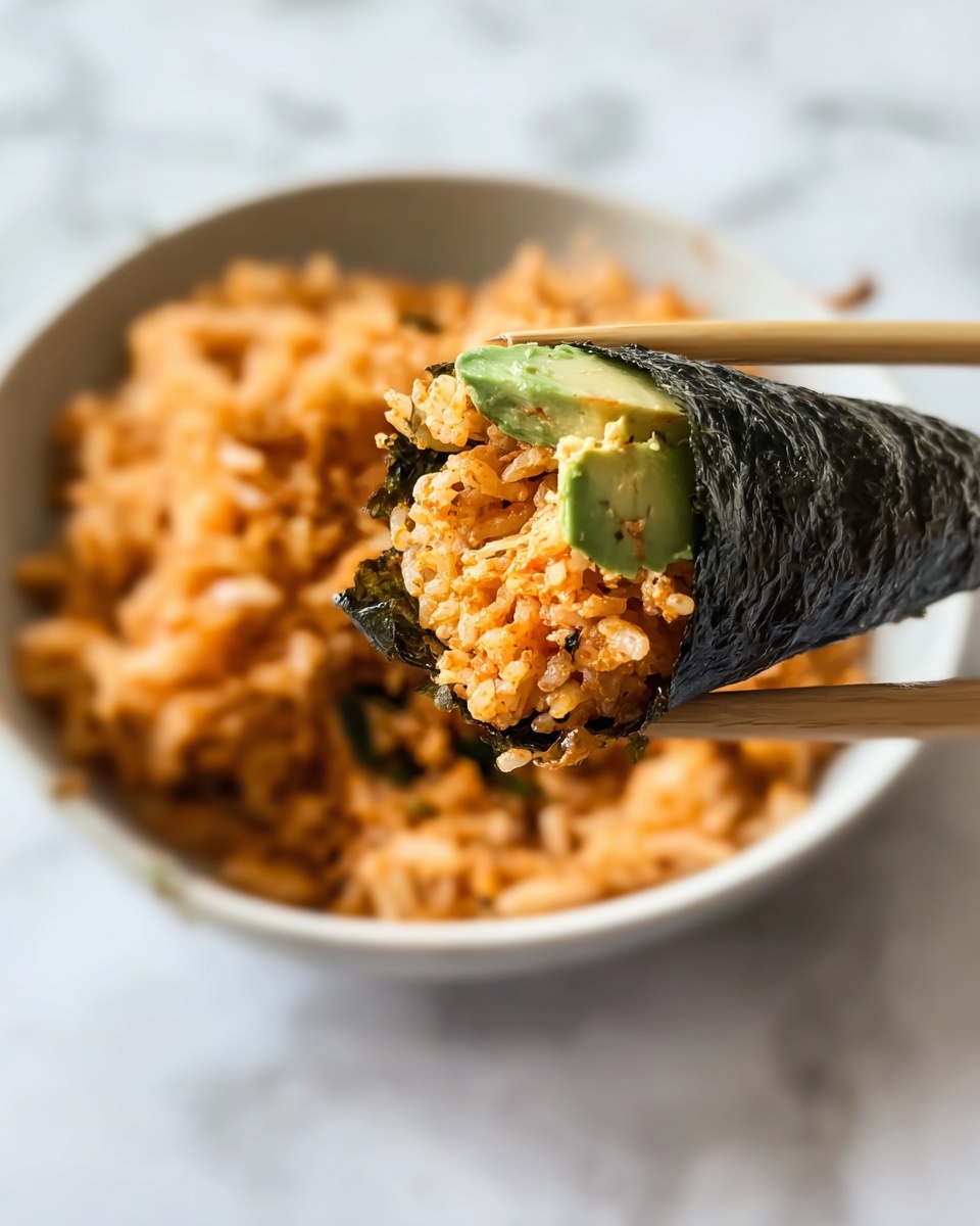 A close-up of a seaweed cone held by chopsticks showing three main layers: the outer dark green-black shiny seaweed wrap with a rough texture, an inner layer of orange-colored rice mixed with seasoning that looks soft and sticky, and a few slices of fresh light green avocado peeking out from the top inside the cone. In the background, a white bowl filled with more orange rice with a slightly fluffy texture sits on a white marbled surface. Photo taken with an iphone --ar 4:5 --v 7