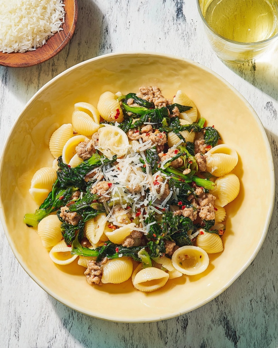 A white plate filled with a pasta dish showing three main layers: the bottom layer has small, round, shell-shaped yellow pasta with grooves; the middle layer features cooked green leafy vegetables scattered between the pasta; and the top layer consists of small crumbled pieces of light brown meat mixed evenly throughout, lightly sprinkled with white shredded cheese and red chili flakes. A silver fork lies on the right side of the plate, resting on the edge and partly on the pasta. In the top right corner, a small white bowl holds a pile of red chili flakes. The whole setup is placed on a white marbled surface. Photo taken with an iphone --ar 4:5 --v 7