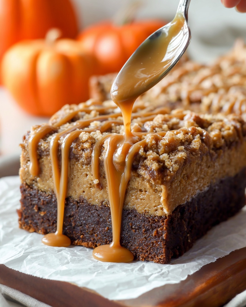 A square-shaped dessert with a thick bottom layer of dark brown cake and a thick crumbly textured top layer in light brown with chunks and crumbs. A woman’s hand is holding a spoon, drizzling smooth, light brown caramel sauce in thin streams over the top layer, which slightly drips down the sides. The dessert sits on white parchment paper on a wooden board, with blurry orange pumpkins in the background. Photo taken with an iphone --ar 4:5 --v 7