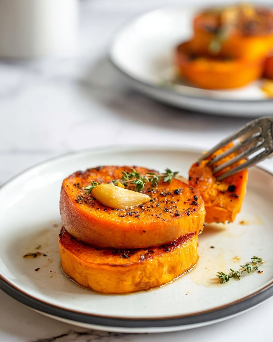The image shows two thick round slices of roasted orange sweet potatoes stacked slightly on a white plate with a thin dark rim, placed on a white marbled surface; the top slice is browned with specks of black pepper and has a small cooked garlic clove and a green thyme sprig on it, with a fork pressing on a small piece of sweet potato being lifted from the side. In the blurred background, there is another white plate with more sweet potato slices visible. Photo taken with an iphone --ar 4:5 --v 7
