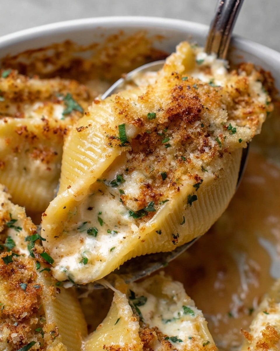 A close-up view of a baked pasta dish showing several layers of stuffed, folded pasta shells covered in a creamy, slightly browned cheese sauce. The light golden brown tops have small toasted spots with a slightly crispy texture. The layers inside are smooth and soft, creamy beige with specks of herbs and breadcrumbs scattered all over. Small green bits of fresh parsley are sprinkled across the dish, adding a fresh contrast to the warm colors. The whole dish sits on a white marbled surface. photo taken with an iphone --ar 4:5 --v 7