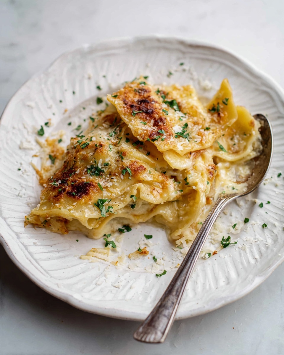 A white plate with a textured edge holds a portion of cheesy pasta, with two folded layers of pasta showing a golden brown baked topping and melted cheese inside. The pasta is sprinkled with finely chopped green herbs and grated cheese, adding a light contrast to the warm yellow and brown colors. A silver spoon rests partially under the pasta on the right side of the plate. The plate sits on a white marbled surface that provides a soft background. Photo taken with an iphone --ar 4:5 --v 7