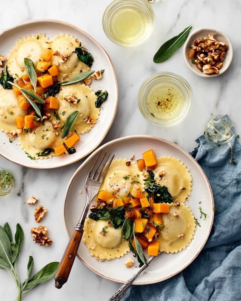 Two white plates sit on a white marbled surface, each holding four round ravioli pieces with scalloped edges, pale yellow in color with a slightly glossy texture. The ravioli are topped with small cubes of bright orange roasted squash, dark green wilted leaves, and scattered golden-brown walnut pieces. A few sage leaves and tiny green herb sprigs are also spread on top for garnish. One plate has two forks resting diagonally across the ravioli, while a knife and fork are placed beside the other plate. Around the plates are small glass bowls with light yellow and clear liquids, more walnuts, fresh sage leaves, and a blue cloth. Photo taken with an iphone --ar 4:5 --v 7