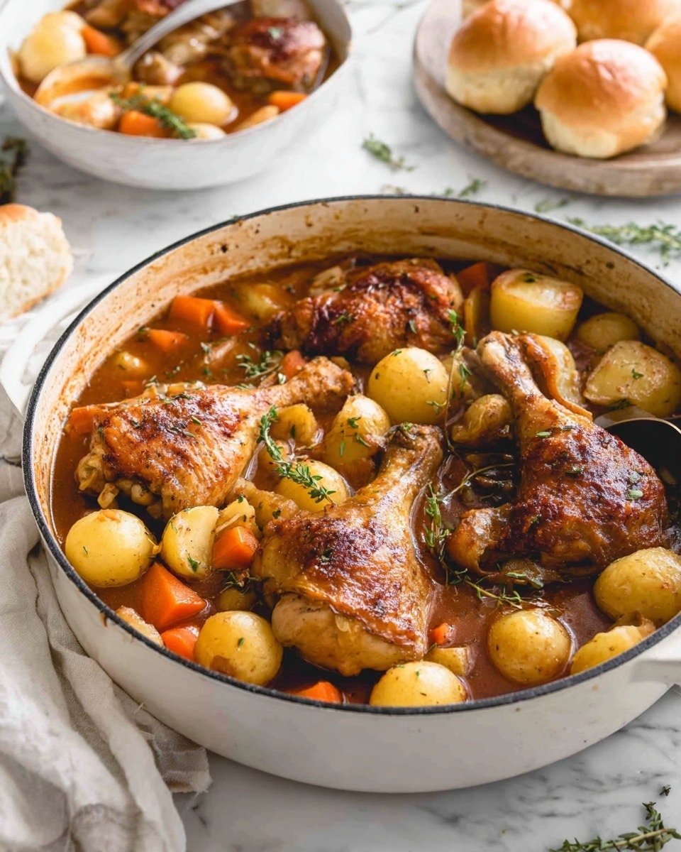 The image shows a white round pot filled with a stew made of five browned chicken drumsticks and thighs on top, surrounded by layers of small golden potatoes and bright orange carrot chunks in a rich brown sauce. Fresh green thyme sprigs are scattered over the chicken pieces. In the background, a white bowl with light brown bread rolls sits on a white marbled surface, along with a woman’s hand holding a spoon inside the pot. Another white bowl with more stew and vegetables is partially visible on the left. The scene has soft natural light. photo taken with an iphone --ar 4:5 --v 7