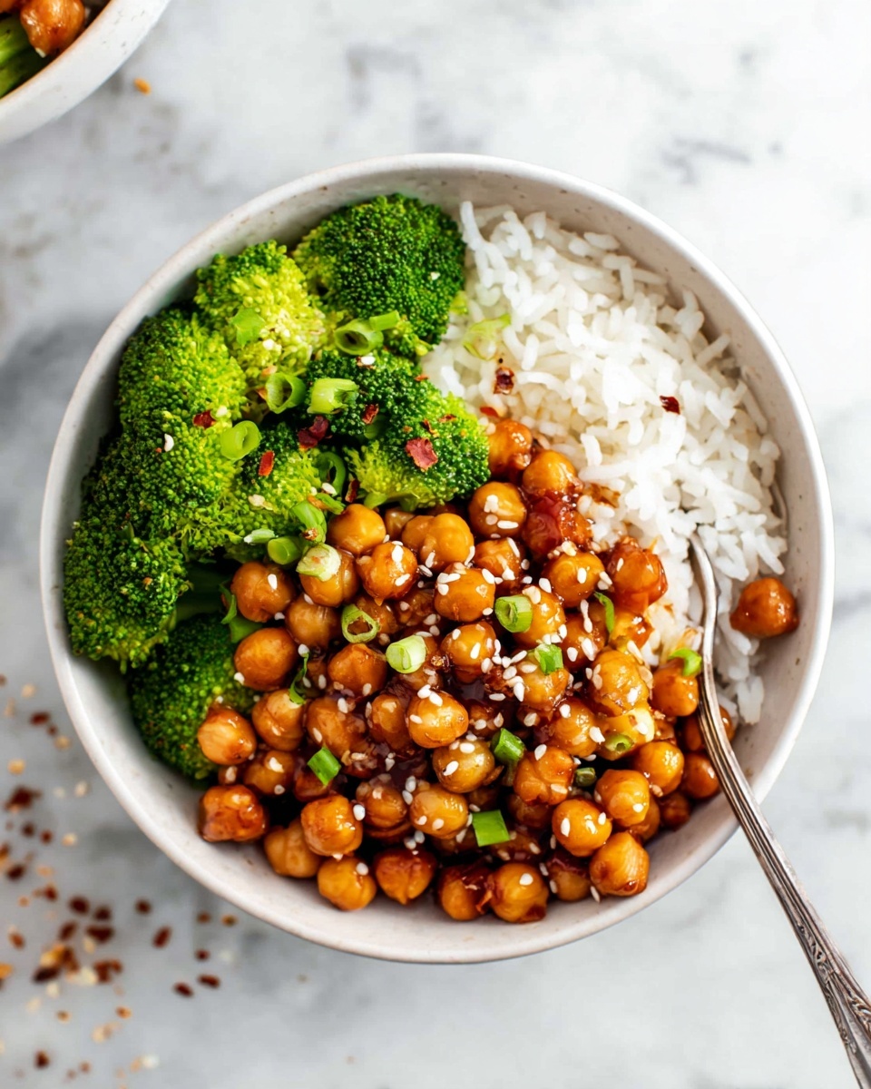 The dish is served in a white bowl on a white marbled surface, featuring three main layers. The bottom layer is plain white rice, softly textured and partly visible along the side. On top and to one side, bright green steamed broccoli florets with a slightly rough texture add a fresh contrast. The largest portion on the other side contains shiny, dark golden brown chickpeas coated in a glossy sauce, garnished with scattered white sesame seeds and small pieces of red chili flakes. Thin slices of green onion are sprinkled over the chickpeas, adding a pop of bright green. A silver spoon rests inside the bowl, leaning against the chickpeas. Photo taken with an iphone --ar 4:5 --v 7