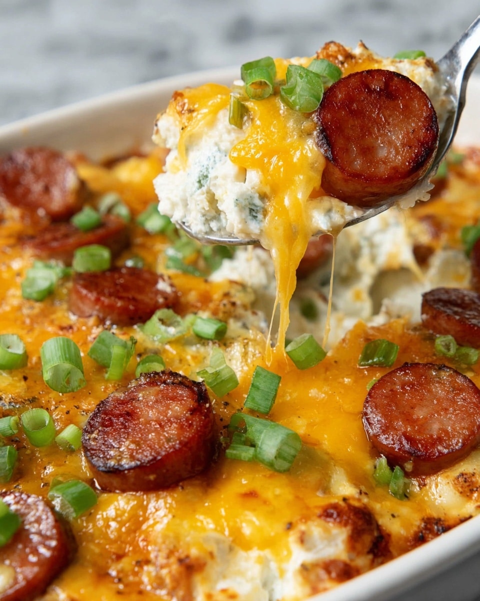 The dish is served in a white rectangular baking dish showing three main layers: the bottom layer appears to be soft, white ravioli pasta, topped with a creamy white sauce visible in patches. The next layer includes scattered round slices of browned sausage with a reddish-brown color, evenly spread across the pasta. The top layer is melted golden yellow cheddar cheese draped over the sausage and ravioli, sprinkled with small pieces of bright green chopped spring onions. The dish sits on a white marbled surface. photo taken with an iphone --ar 4:5 --v 7