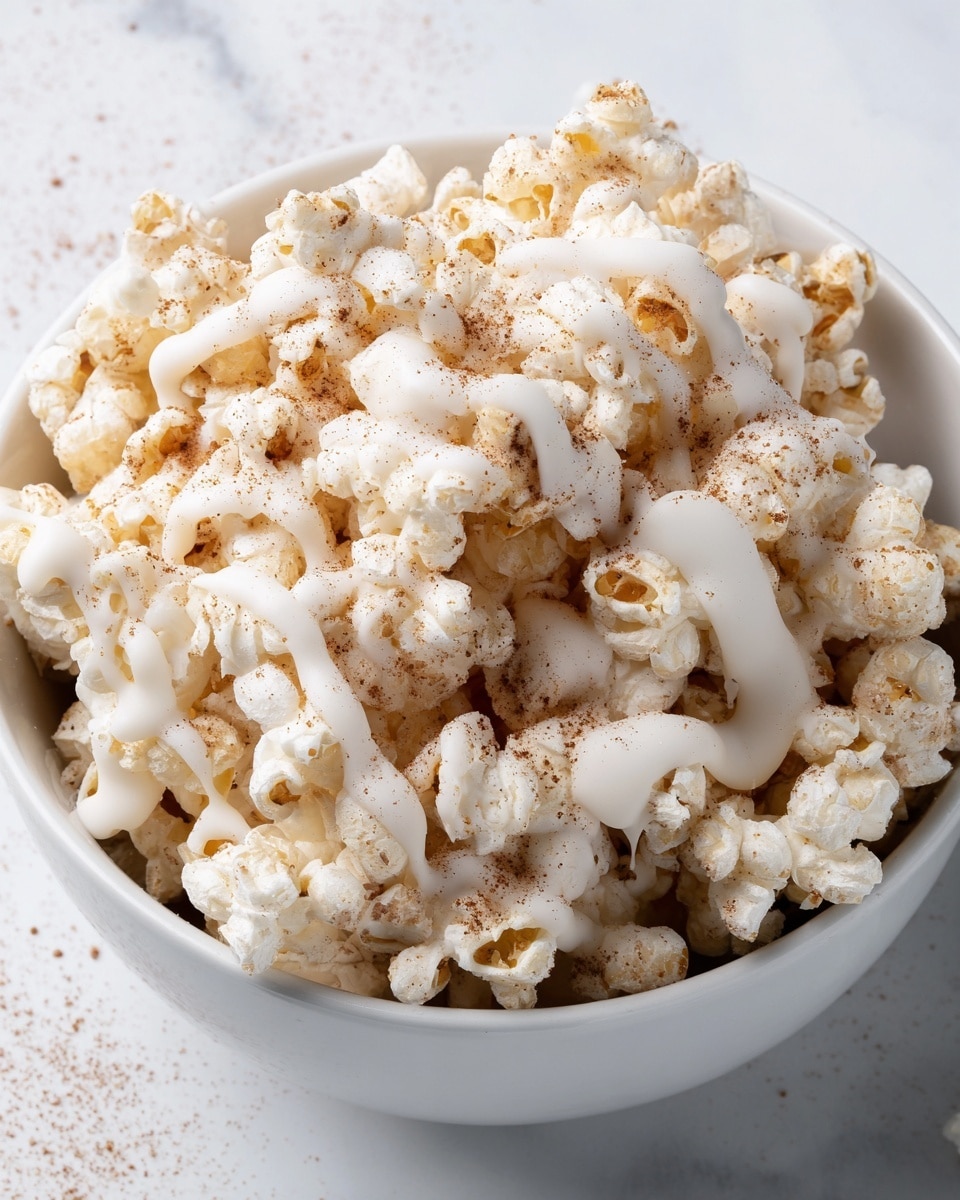 The image shows a close-up view of caramel popcorn scattered in a thin layer on white parchment paper, placed on a white marbled surface. Over the popcorn, there are thin drizzles of white chocolate, creating a contrasting smooth texture against the caramel's glossy and rough surface. The popcorn pieces vary in size, with a mix of golden caramel brown tones and creamy white lines from the chocolate drizzle, forming an inviting and crunchy snack. Photo taken with an iphone --ar 4:5 --v 7