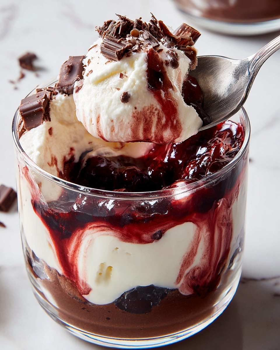 A clear glass holds a layered dessert with four visible layers. The bottom layer is dark chocolate cake pieces, followed by a layer of white cream mixed with dark red berry sauce that looks slightly swirled. Above that is a thick, smooth layer of dark brown chocolate mousse. Next is another layer of dark chocolate cake pieces topped with a thick white cream. The top layer is a dark red berry sauce, with a thick swirl of white cream on top, finished with small dark chocolate curls scattered over the cream. The glass sits on a white marbled surface with loose chocolate curls and a silver spoon nearby. Photo taken with an iphone --ar 4:5 --v 7