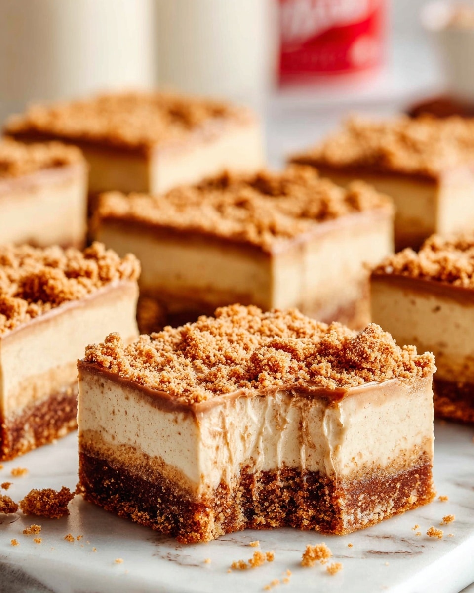 The image shows twelve square dessert bars arranged closely together on a white marbled surface. Each bar has two layers: a thick, light beige bottom layer with a soft texture, and a glossy caramel layer on top that looks smooth and slightly shiny. The caramel layer is drizzled over the edges of the bars, creating small drops that run down the sides. Scattered on top of the caramel are small, crumbly golden brown bits adding a rough texture contrast. The overall look is neat, with clean edges and an inviting golden color combination. photo taken with an iphone --ar 4:5 --v 7