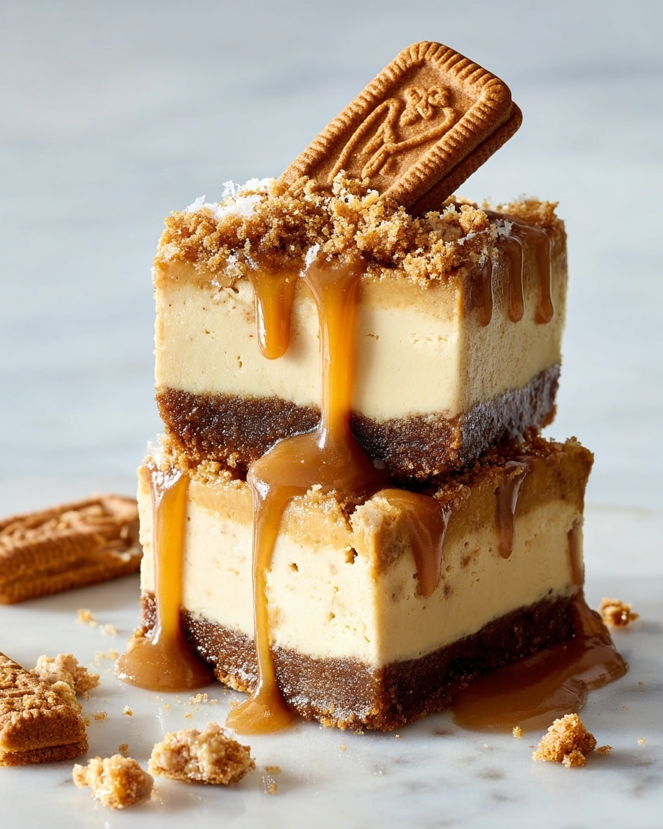 The image shows several square dessert bars arranged closely on a white marbled surface. Each bar has three clear layers: a thick crumbly brown base made from crushed biscuits, a creamy pale beige middle layer with a smooth texture, and a lighter brown top layer of frosting or cream that is thick and smooth. The top is sprinkled with more finely crushed crumb topping, adding a rough texture. One bar in the front has a bite taken out, revealing the creamy middle layer clearly. There is a blurred background with hints of white and some red. Photo taken with an iphone --ar 4:5 --v 7