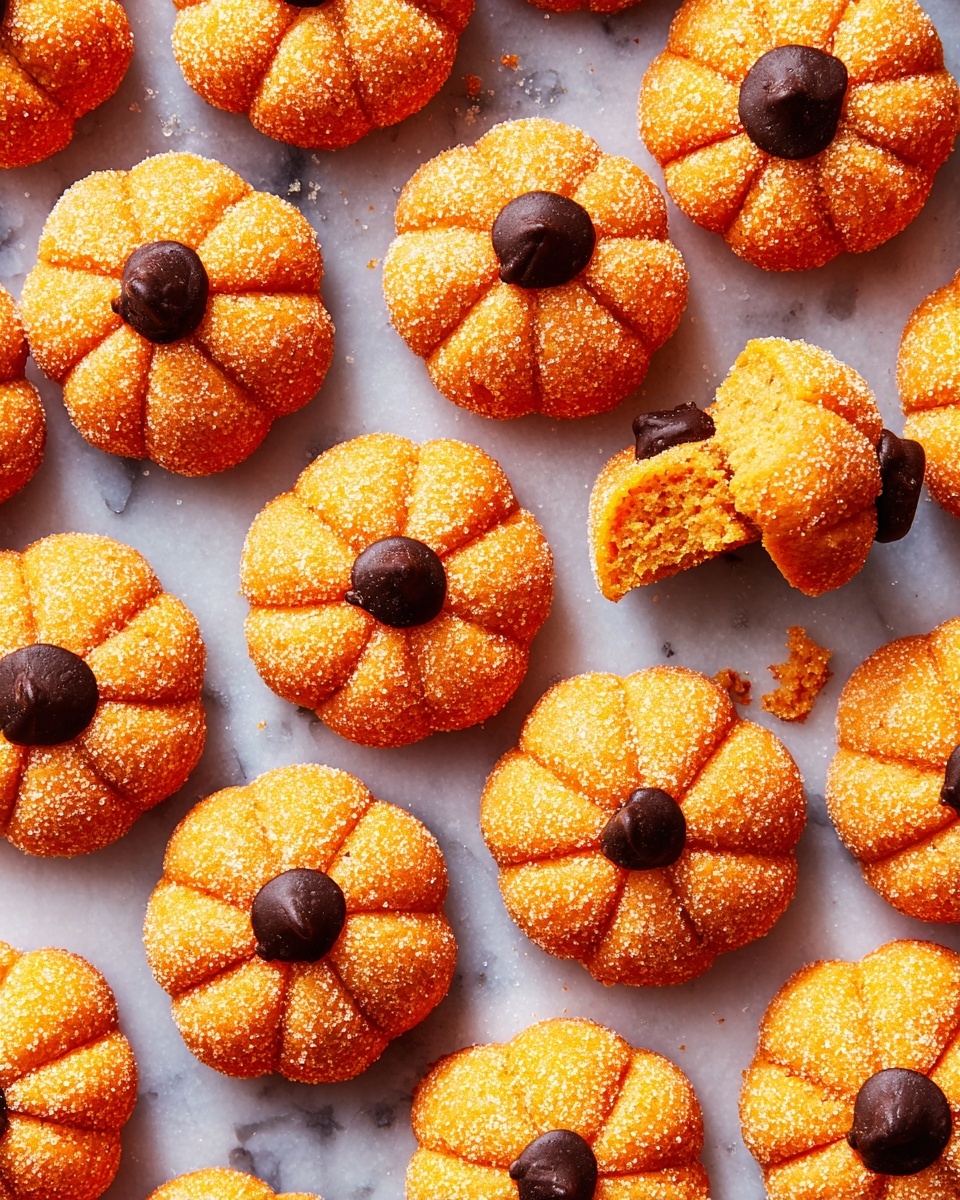 A small round pastry shaped like a pumpkin with eight thick ridges around it, coated in orange coarse sugar crystals giving it a sparkling, crunchy texture. On top at the center, there is a single dark brown chocolate drop that looks soft and smooth, resembling a pumpkin stem. The pastry sits on a white marbled surface with a soft light on a plain light gray background. photo taken with an iphone --ar 4:5 --v 7