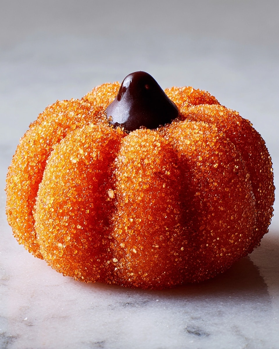 The image shows many small round pumpkin-shaped cookies arranged closely on a white marbled surface. Each cookie is bright orange with a rough sugar-coated texture, having six shallow grooves radiating from a dark brown round chocolate piece in the center, resembling pumpkin segments. One cookie is partially broken to display its soft, pale orange inside with a chocolate chip on the edge. The cookies are placed in a scattered yet neat pattern, with a few crumbs visible around them. Photo taken with an iphone --ar 4:5 --v 7
