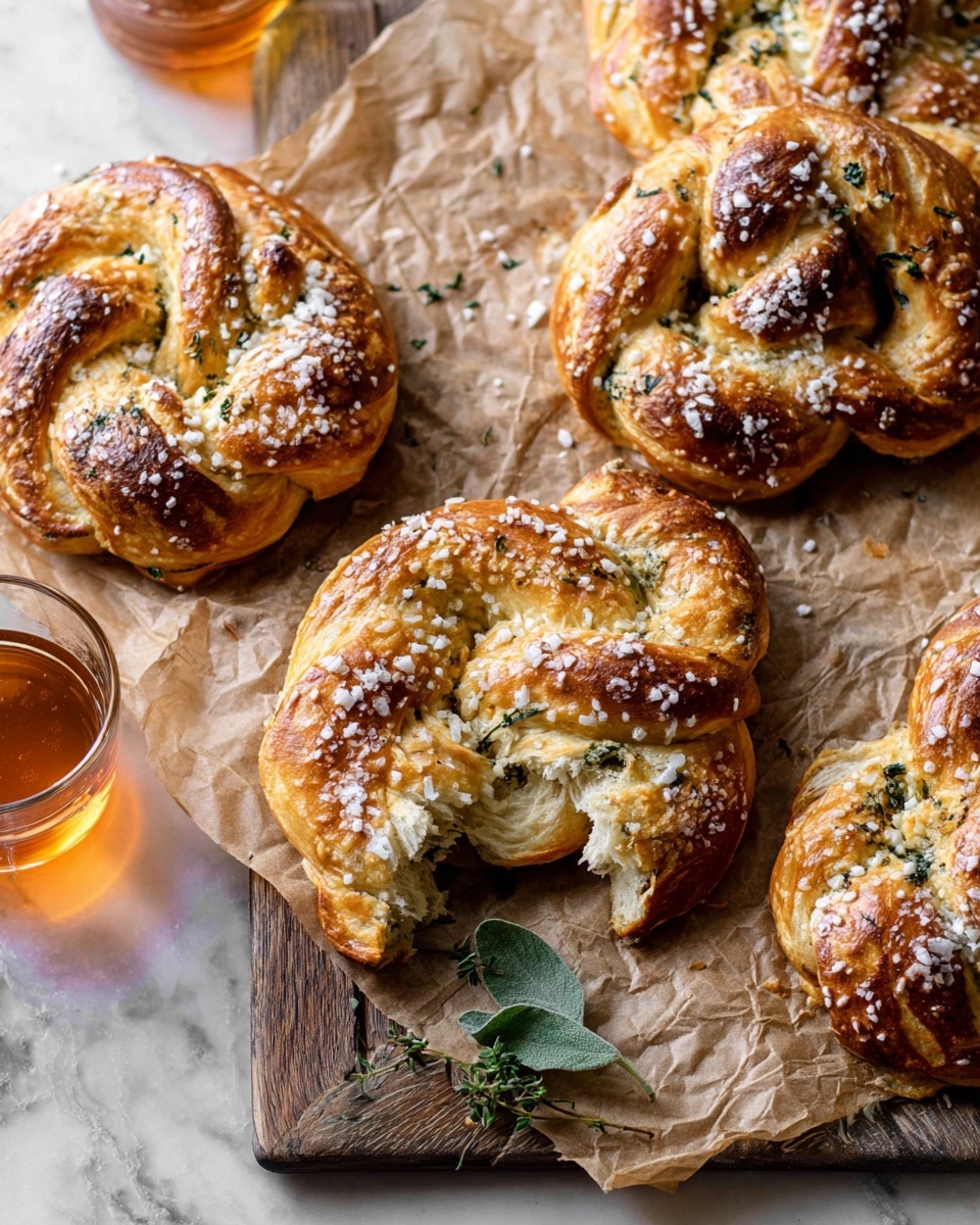 The image shows several golden-brown soft pretzels with a twisted shape, each generously sprinkled with coarse white salt on top. The pretzels have a slightly shiny, baked crust with some browned edges, and the inside looks soft and fluffy with bits of green herbs visible in the dough layers. One pretzel in the center is torn open, revealing the soft texture inside with a mix of light cream and green from the herbs. The pretzels rest on crinkled brown parchment paper placed on a wooden board. A small sprig of green herbs lies near the torn pretzel, and a glass of amber liquid sits at the left edge. The background and surface are a white marbled texture. photo taken with an iphone --ar 4:5 --v 7