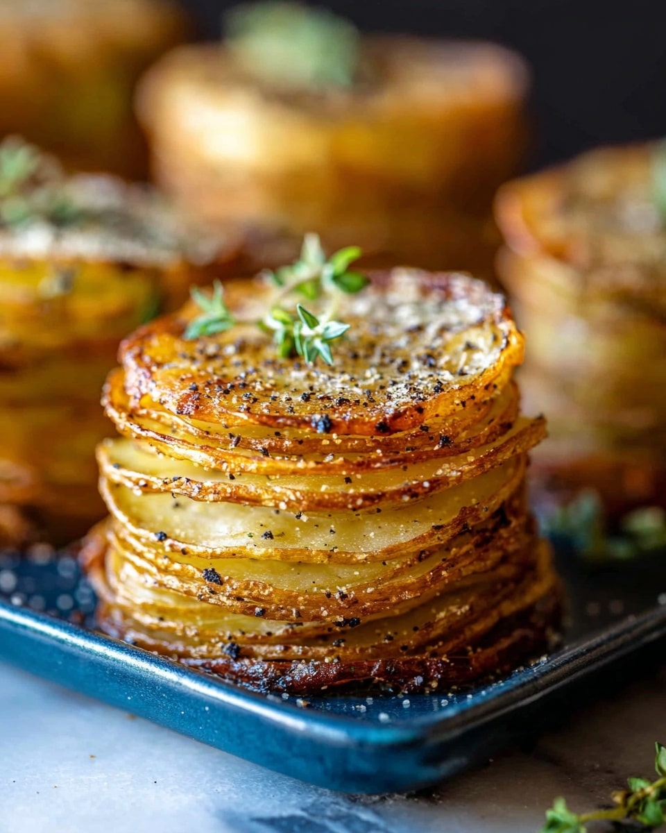 This image shows a stack of two round, thinly sliced potato layers that are golden brown and crispy on the edges with a slightly textured surface showing black pepper and seasoning specks. The potato stack is topped with small green herb leaves for garnish. The stack is placed on a dark blue rectangular plate, with more similar potato stacks blurred in the background, all set on a white marbled surface. The lighting highlights the crispy texture and layers, making the potatoes look crunchy and well cooked. photo taken with an iphone --ar 4:5 --v 7