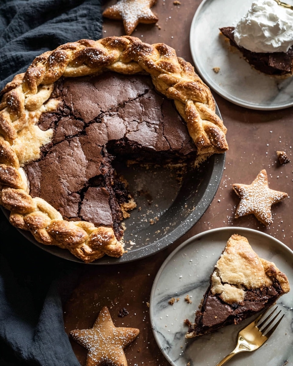 A round chocolate pie with a smooth, slightly cracked dark brown top layer sitting inside a golden braided crust twisted evenly along the edge. The crust is dusted with a light layer of sugar, giving it a soft sparkle. The pie is placed on a dark brown wooden surface next to three small star-shaped cookies sprinkled with powdered sugar. Nearby, a clear glass cup with dark coffee and a set of silver cutlery lie on the left side, and a dark blue cloth is in the upper right corner. Photo taken with an iphone --ar 4:5 --v 7