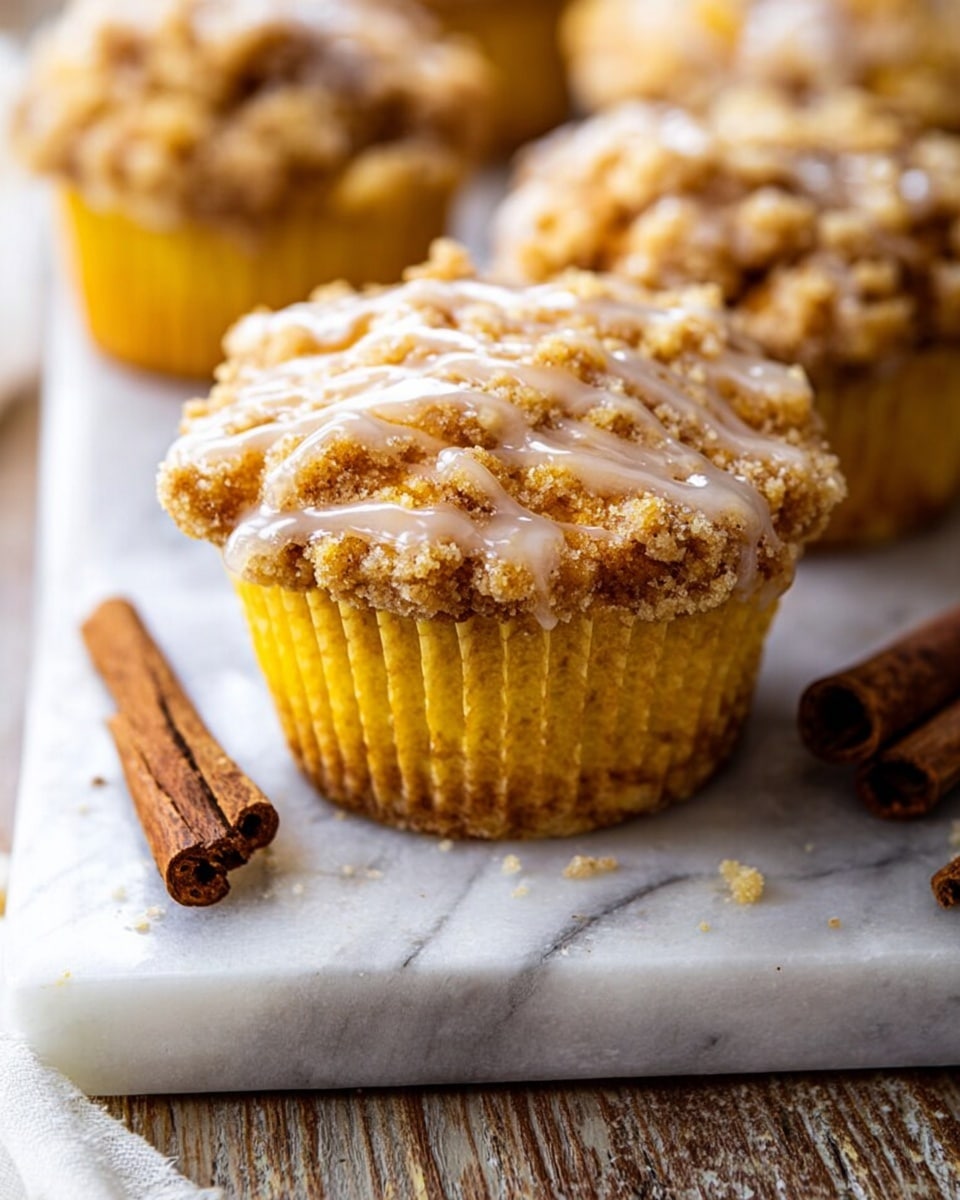 A close-up of a muffin with three visible layers: a golden yellow cake base in a slightly crinkled yellow paper liner, a light brown crumbly streusel topping, and a shiny glaze drizzled on top center. The muffin sits on a white marbled surface with two dark brown cinnamon sticks placed beside it. The background has more muffins that are similar in color and texture, slightly out of focus, with a wooden texture visible underneath the white marbled surface. photo taken with an iphone --ar 4:5 --v 7