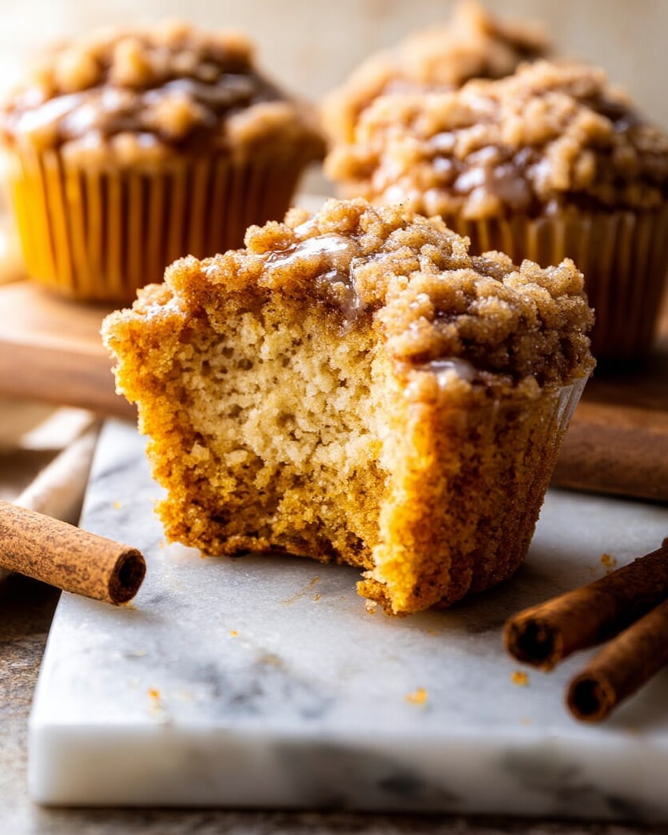 The image shows a close-up of a muffin with two layers: a soft, light brown crumb layer inside and a thick crumbly streusel topping in a darker golden brown. The muffin is partially broken open, revealing its moist texture. It sits on a white marbled surface with two cinnamon sticks beside it. In the background, there are a couple of other muffins with the same crumb topping, all placed slightly out of focus. The lighting is warm, highlighting the texture and color of the muffin and streusel. Photo taken with an iphone --ar 4:5 --v 7