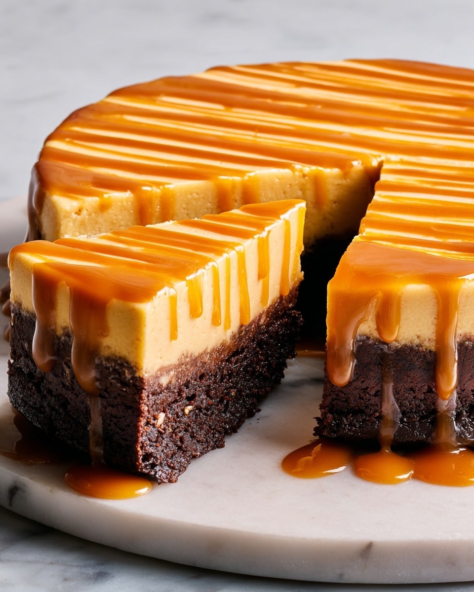 The image shows a round two-layer cake on a white marbled surface. The bottom layer is dark brown, dense, and moist like a brownie, while the top layer is thick, smooth, and creamy in light orange with a glossy caramel sauce drizzled in lines over it. One slice is slightly pulled out, revealing the contrast between the dark bottom and bright top layers, with caramel sauce dripping gently down the sides and onto the surface. Photo taken with an iphone --ar 4:5 --v 7