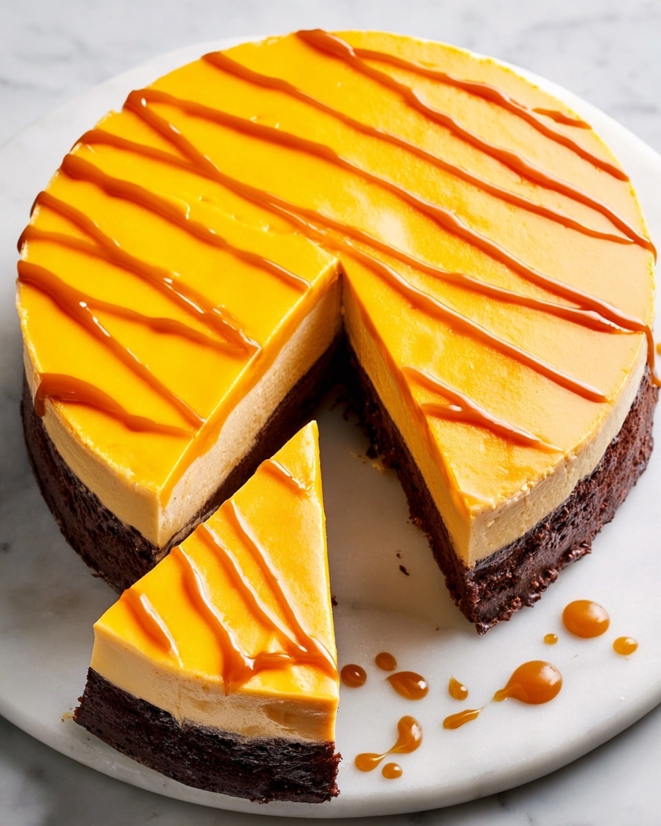 A slice of two-layer dessert sits on a white plate with a silver fork beside it. The bottom layer is dark brown with a rough, dense texture, while the top layer is thick, smooth, and creamy in a pale yellow color with a slightly caramelized crust on the surface. The background shows more of the same dessert, slightly blurred, resting on a white marbled texture. The photo taken with an iphone --ar 4:5 --v 7