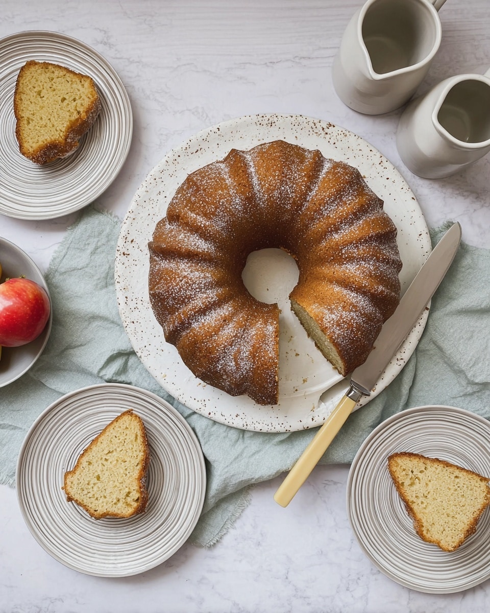 A round bundt cake with a golden brown crust, sprinkled lightly with coarse sugar on top, sits in the center of a large white speckled plate. One slice of the cake is cut and placed on a smaller white plate with thin grey stripes, revealing a soft, light brown interior. Next to the cake on the plate is a large knife with a beige blade. Two more slices are placed on similar smaller white plates around the main plate. A folded light blue cloth lies under the plates on a white marbled surface, accompanied by two white ceramic pitchers and two red apples nearby. Photo taken with an iphone --ar 4:5 --v 7
