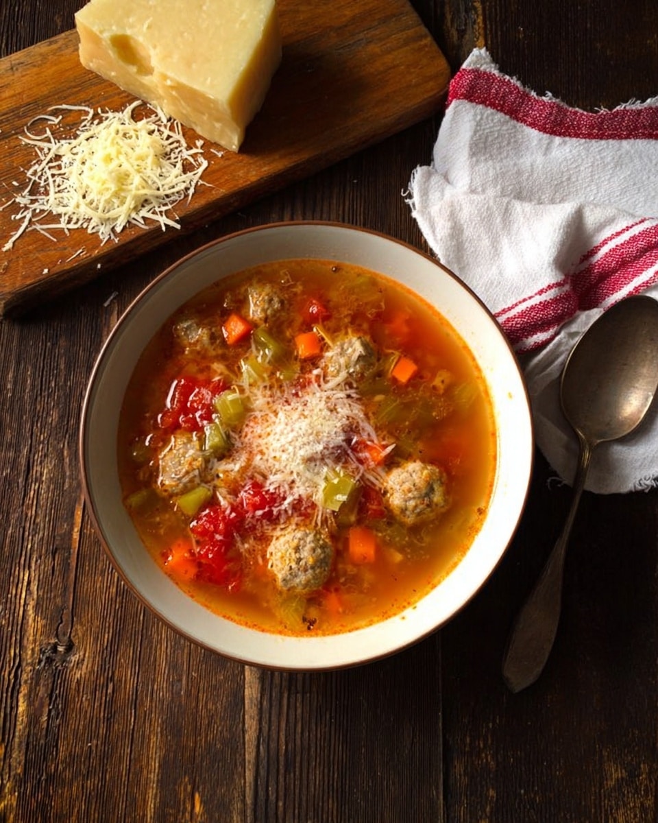 A white bowl filled with a clear orange-red broth containing small meatballs, diced orange carrots, chopped green celery, and chunks of red tomatoes, topped with a sprinkle of shredded white cheese. The bowl sits on a dark wooden surface, next to a wooden cutting board holding a wedge of hard yellow cheese with some shredded cheese beside it. A white cloth with red stripes is placed to the right of the bowl on the wooden surface. photo taken with an iphone --ar 4:5 --v 7