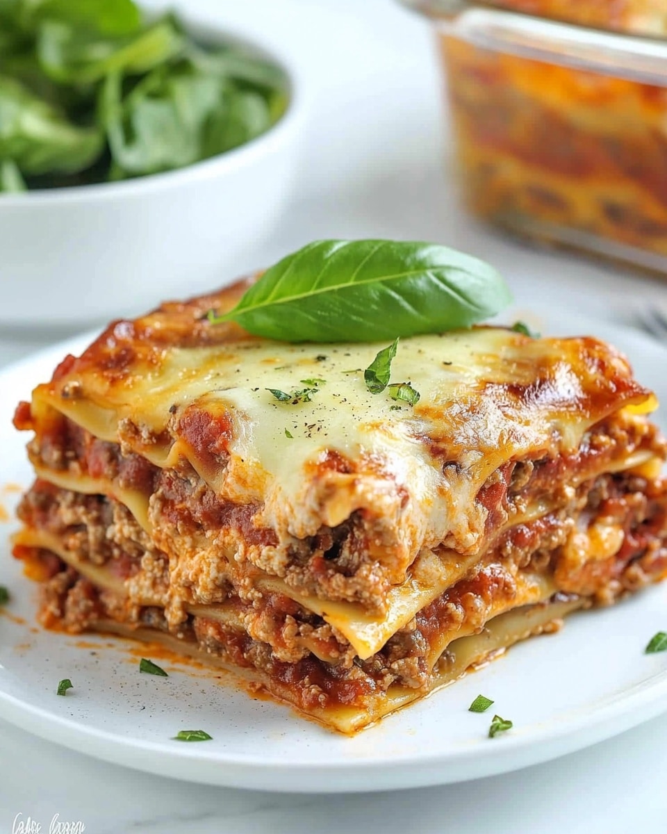 A thick square piece of lasagna sits in the center of a white plate on a white marbled surface. The lasagna has at least five layers: starting from the bottom, a rich layer of ground beef mixed with red tomato sauce, followed by a white cheese layer, then pasta sheets, more ground beef sauce, another pasta layer, topped with melted cheese that is golden brown with herbs sprinkled on top. Bright green fresh basil leaves rest on the melted cheese, adding a pop of color. In the background, there is a white bowl with green leafy vegetables and a clear container holding more lasagna. Photo taken with an iphone --ar 4:5 --v 6.1