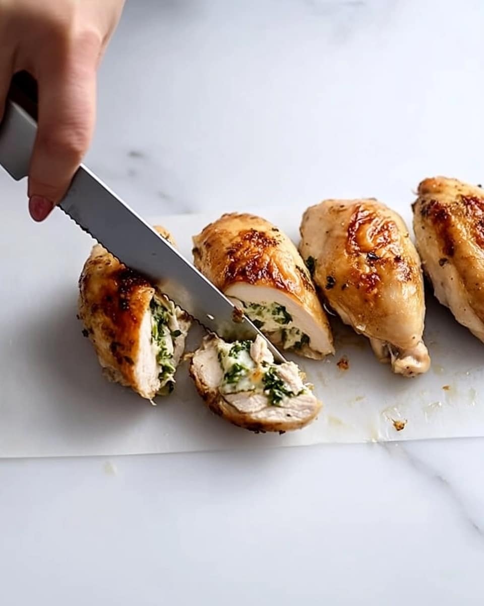 A woman's hand is slicing stuffed chicken on a white marbled surface, with three pieces of chicken breast arranged horizontally. The chicken is golden brown on the outside, and the stuffed inside layer is creamy white with dark green leafy bits visible. The sliced pieces reveal the filling inside clearly. Photo taken with an iphone --ar 4:5 --v 6.1