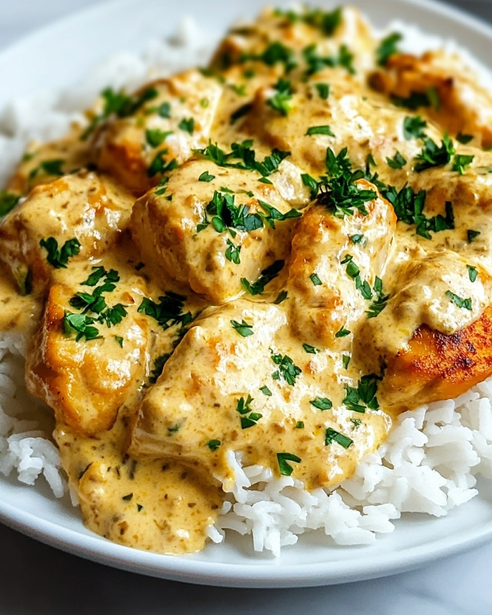 A close-up view of a white plate filled with a base layer of fluffy white rice. On top of the rice, there are two pieces of golden-brown cooked chicken with a slightly crispy texture. The chicken is covered in a thick, creamy sauce that has a light yellow color with small flecks of green herbs mixed in. Sprinkled generously over the chicken and sauce are fresh, bright green chopped parsley leaves, adding color contrast and freshness to the dish. The whole plate sits on a white marbled surface. photo taken with an iphone --ar 4:5 --v 6.1