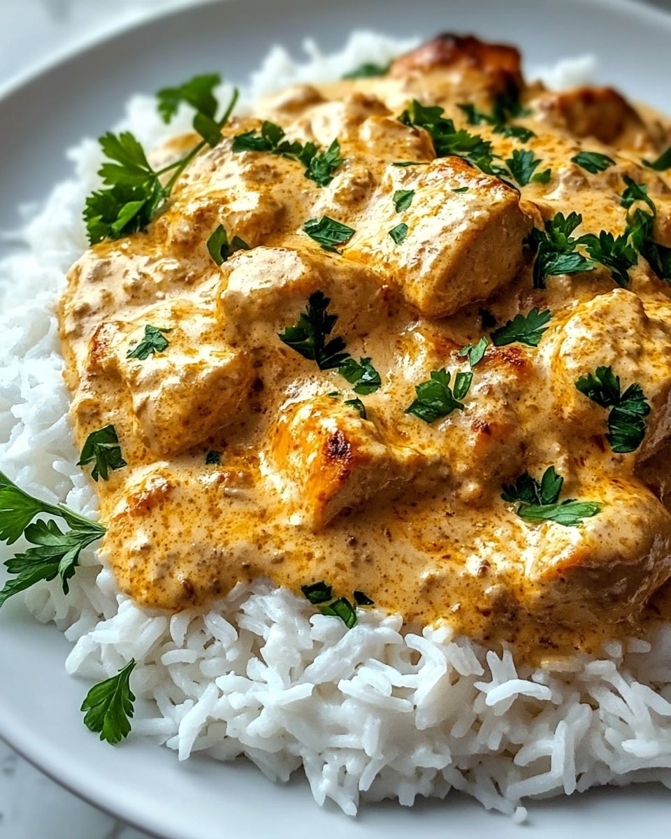 The image shows a white plate with two main layers: the bottom layer is fluffy white rice with visible grains, and the top layer is a creamy, golden-brown baked sauce with browned spots, containing chunky pieces of cooked chicken. The dish is garnished with fresh green parsley leaves scattered on top. The plate is set on a white marbled texture surface. photo taken with an iphone --ar 4:5 --v 6.1