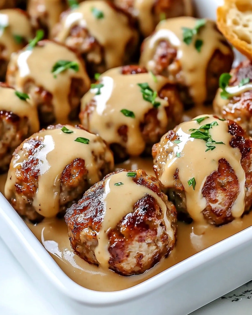 The image shows a white rectangular dish filled with browned meatballs, each covered with a smooth, light orange sauce that drips over the sides. The meatballs have a slightly shiny and textured surface with darker browned spots, and small pieces of green chives are scattered on top for color contrast. The dish rests on a white marbled surface with part of a sliced bread visible on the right side. The scene is brightly lit, highlighting the glossy sauce and the rich color of the meatballs. photo taken with an iphone --ar 4:5 --v 6.1