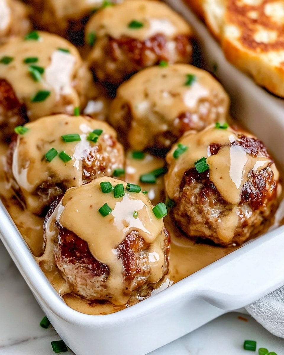 A white rectangular dish filled with two layers of browned meatballs topped with a smooth light brown sauce that drips slightly down the sides. The meatballs have a textured surface with some darker caramelized spots. Small pieces of green chopped chives are scattered over the sauce, adding a pop of color. The dish is set on a white marbled surface, with part of a light-colored slice of bread visible at the edge. Photo taken with an iphone --ar 4:5 --v 6.1