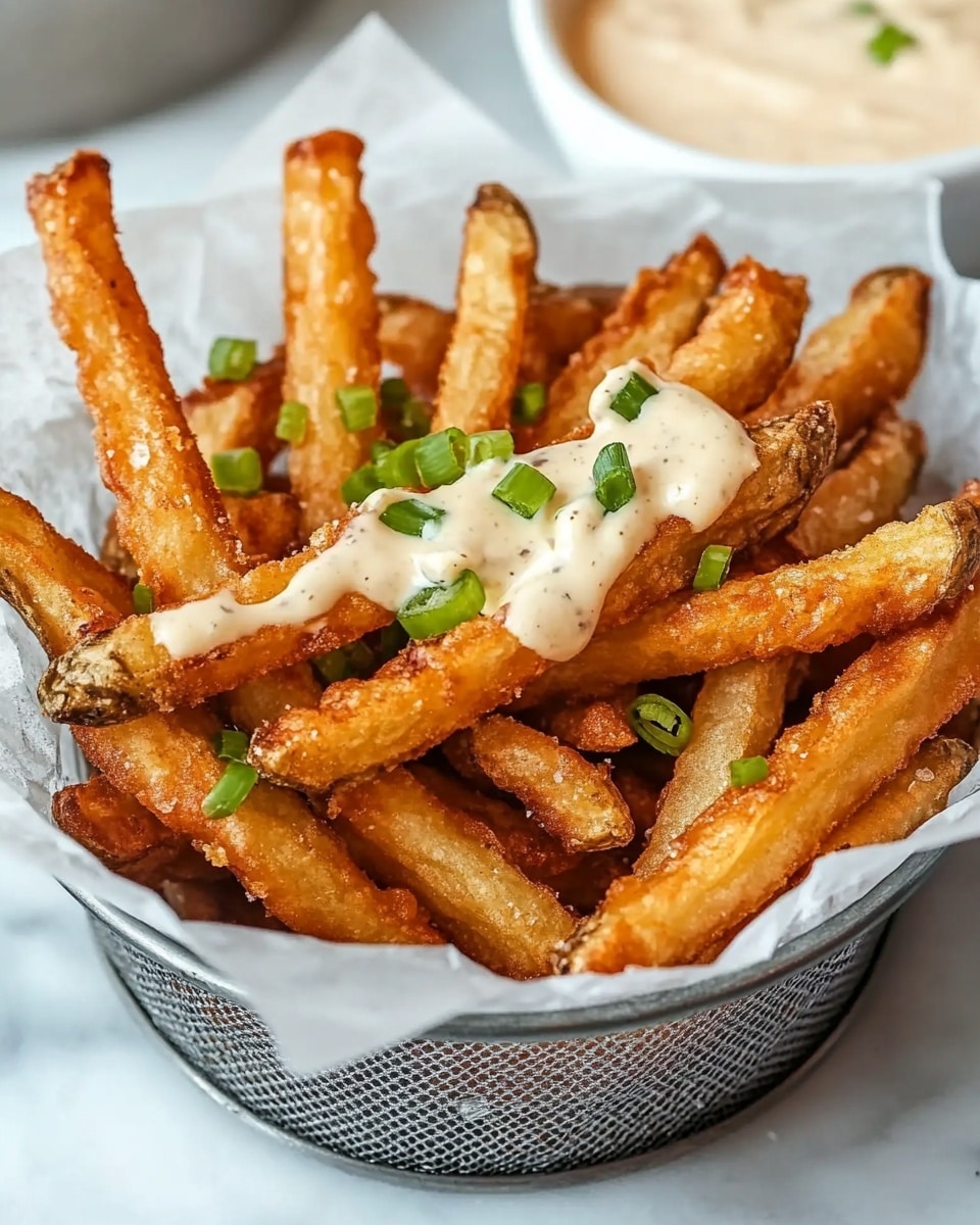 A metal basket lined with white parchment paper holds a pile of golden brown fried fries, each with a crispy textured coating. The fries are topped with a creamy white sauce that has visible pepper specks and small green chopped chives sprinkled on top. In the background, there is a white bowl with a creamy sauce and a small white dish partially visible on a white marbled surface. Photo taken with an iphone --ar 4:5 --v 6.1