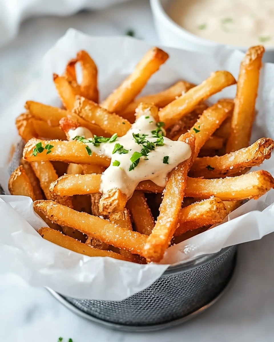 A basket lined with white parchment paper holds a pile of golden brown fried fries. The fries have a crispy texture with uneven, crunchy edges and some bumpy batter spots. On top, there is a drizzle of light cream-colored sauce with small pepper flakes visible. Small green onion pieces are scattered over the sauce, adding a fresh contrast to the golden and cream tones. In the blurred background, there is a white bowl with more creamy sauce, placed on a white marbled surface. photo taken with an iphone --ar 4:5 --v 6.1