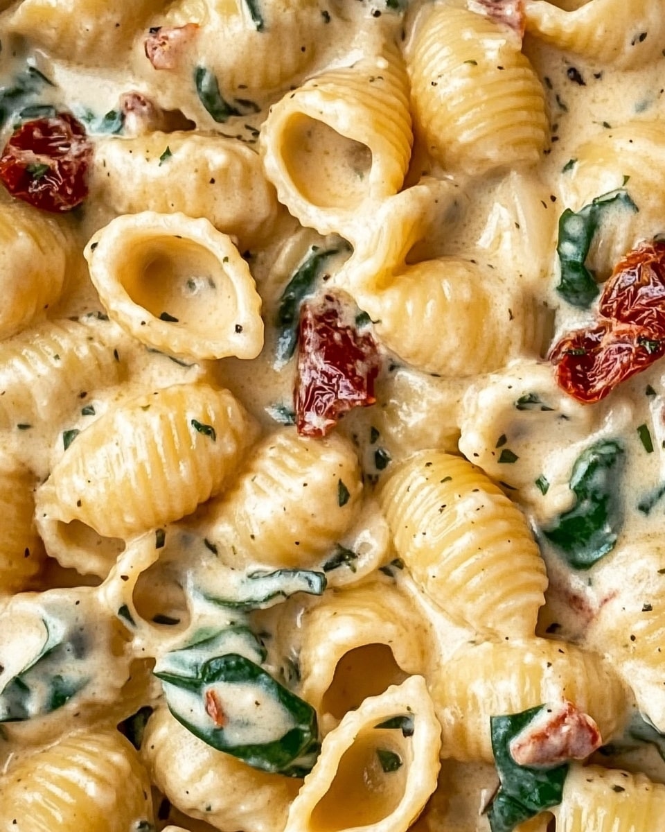 This image shows a close-up of many pasta shell pieces covered in a creamy white sauce. The sauce looks smooth and thick, evenly coating each shell. Mixed in the pasta are bright green spinach leaves and small pieces of red sun-dried tomatoes, adding a pop of color. Tiny green herb bits are sprinkled throughout the dish, giving it a fresh look. The background surface is a white marbled texture. photo taken with an iphone --ar 4:5 --v 6.1