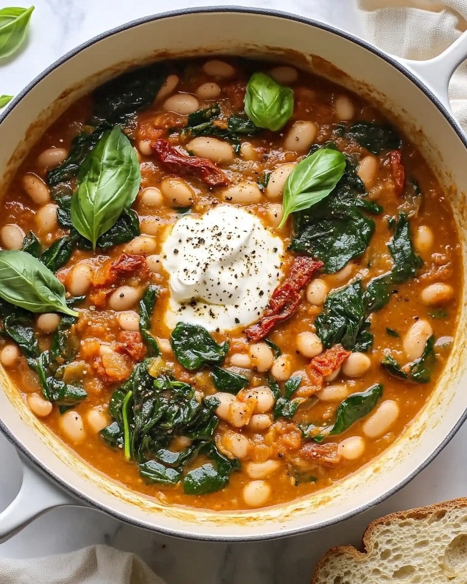 A deep white pot filled with a thick stew made of white beans, bright green spinach leaves, and pieces of sun-dried tomatoes simmered in a creamy orange-red broth. On top near the center sits a dollop of white cream sprinkled with black pepper, surrounded by scattered fresh basil leaves. A slice of light brown bread rests partially inside the pot on the lower right edge. The pot is placed on a white marbled surface with a pale beige cloth nearby. Photo taken with an iphone --ar 4:5 --v 6.1