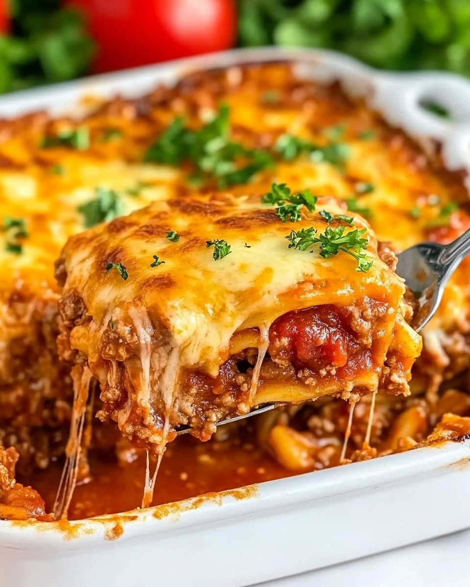 The dish shows a white rectangular baking dish filled with three thick layers. The bottom layer is a reddish-brown sauce with visible chunks of ground meat and small pieces of tomato. The middle layer consists of pasta rounds, lightly covered by the sauce. The top layer is a thick, golden-yellow melted cheese crust with a bubbly texture and some green herbs sprinkled lightly on top. A spatula lifts one portion, revealing the layers inside. The background is a white marbled surface with some green lettuce and a red tomato blurred behind the dish. photo taken with an iphone --ar 4:5 --v 6.1