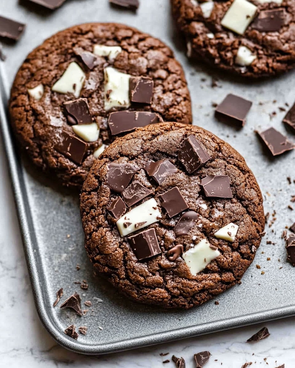 The image shows chocolate cookies with rough tops placed on white marbled texture. Each cookie has chunks of shiny dark chocolate scattered on top, adding a rugged texture. On the right side, a close-up shows a woman's hand holding a cookie broken in half, revealing its soft and slightly crumbly inside with visible chocolate bits embedded within. The cookies have a rich brown color and rough edges. Small broken chocolate pieces are scattered around the cookies on the white marbled surface. Photo taken with an iphone --ar 4:5 --v 6.1