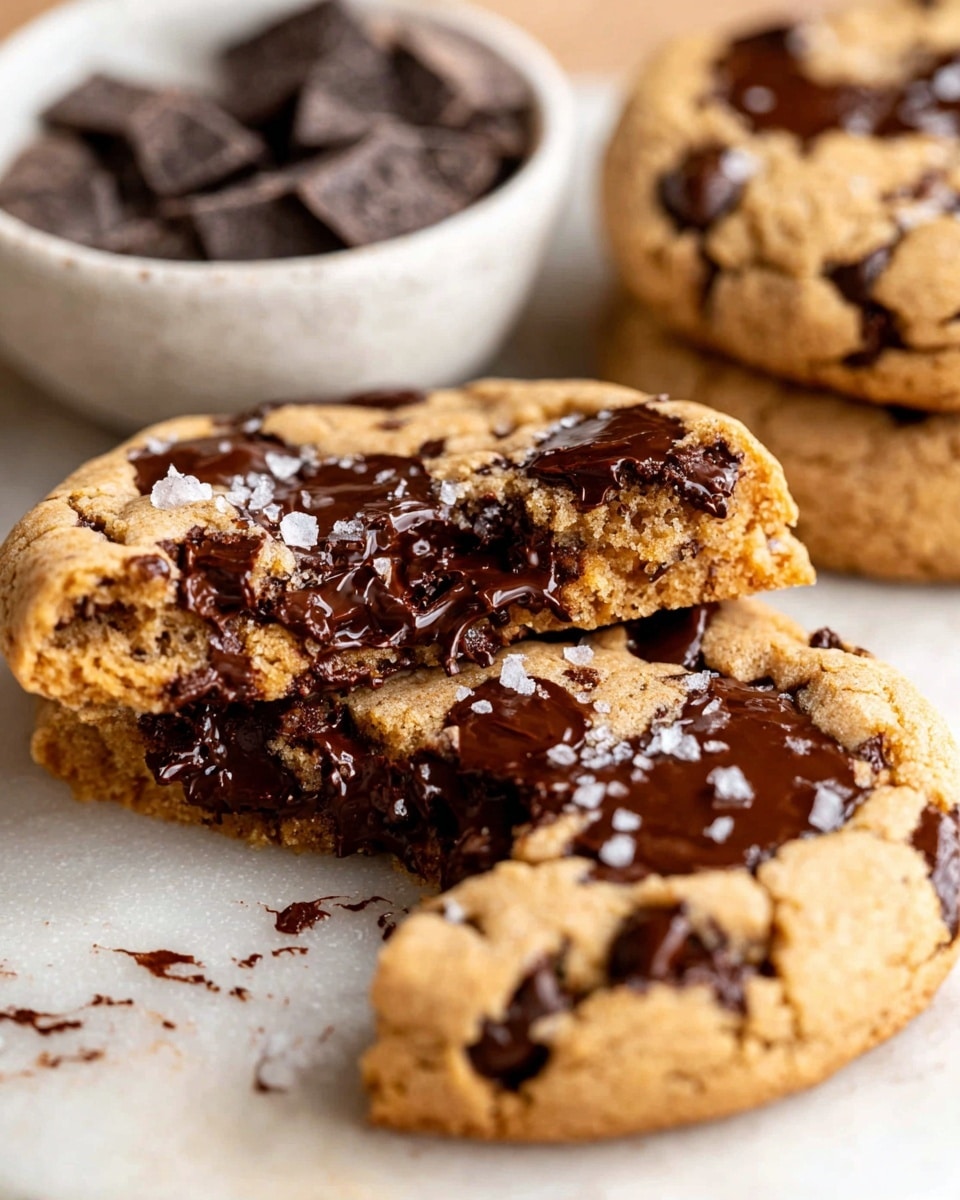 The image shows a close-up of soft chocolate chip cookies on a white marbled surface. There are two main layers visible: the cookie base is light golden brown with a rough, slightly cracked texture, and generous chunks of dark melted chocolate spread across the top and inside. One cookie is broken in half, showing a rich, gooey chocolate center with melting chocolate pieces that seem thick and smooth. Small flakes of light sea salt are sprinkled on top of the cookies, adding contrast to the dark chocolate. In the background, there is a white bowl filled with dark chocolate pieces, blurred but visible. The overall look is warm, fresh, and inviting, drawing focus to the gooey texture of the chocolate embedded in the soft cookie. photo taken with an iphone --ar 4:5 --v 7