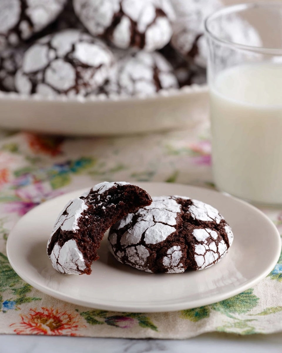 A plain white plate is filled with about ten round chocolate cookies, each with a cracked pattern. The cookies have a dark brown base visible through wide cracks in a white powdered sugar coating that covers the top. The cookies are stacked mostly flat with some overlapping around the edges. The plate sits on a white marbled surface with a soft blurred background showing a stack of white plates and some purple flowers. Photo taken with an iphone --ar 4:5 --v 7