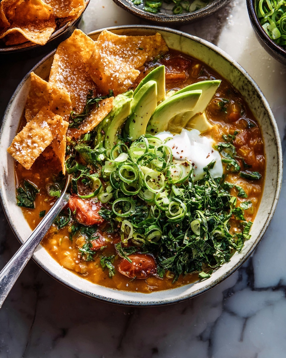 A white bowl filled with thick, red chili topped with chopped green onions scattered all over the surface, with chunks of pale green avocado pieces arranged near the center, a small pile of shredded yellow cheese melting slightly, and a dollop of white sour cream peeking out from underneath. A silver spoon rests inside the bowl, partially submerged in the chili. The bowl is placed on a rustic wooden surface next to a piece of brown bread with melted butter on top. Photo taken with an iphone --ar 4:5 --v 7