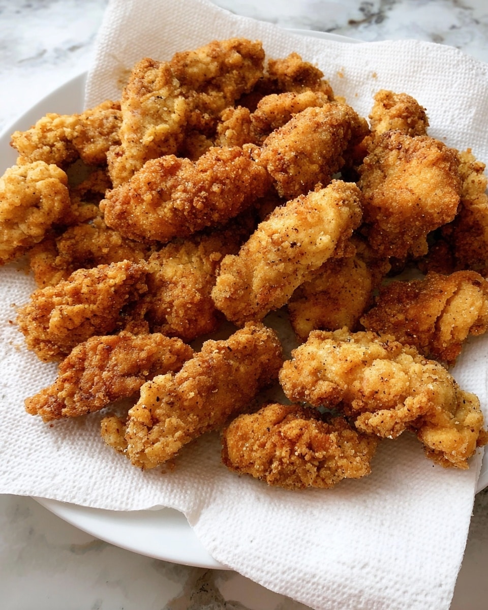 A white plate holds a pile of crispy fried food pieces, each coated with a textured, crunchy golden-brown crust. The pieces are irregular in shape and size, showing a rough crumbly surface with visible small bits of crunchy coating, varying slightly in shades from light to dark brown. The food rests on a white paper towel, absorbing oil, with the plate set on a white marbled surface. photo taken with an iphone --ar 4:5 --v 7