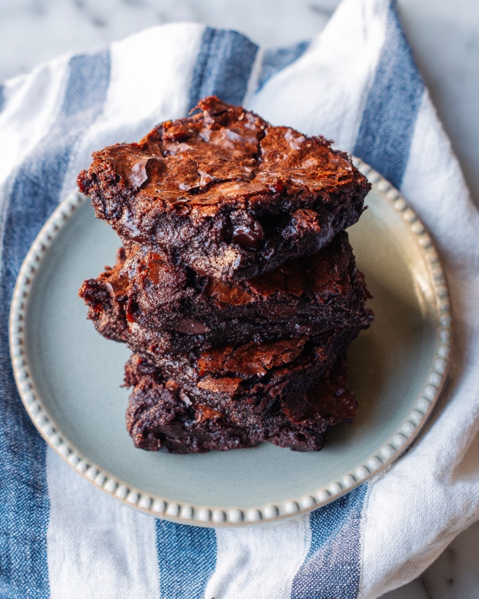 A small stack of five rich dark brown chocolate brownies with a shiny, cracked top and slightly textured edges sits on a round white plate with a raised dotted rim. The brownies look dense and fudgy, layered in a slightly uneven pile. The plate rests on a white marbled surface next to a soft white cloth with wide blue stripes. The lighting highlights the glossy top layers of the brownies, making them look moist and inviting. photo taken with an iphone --ar 4:5 --v 7