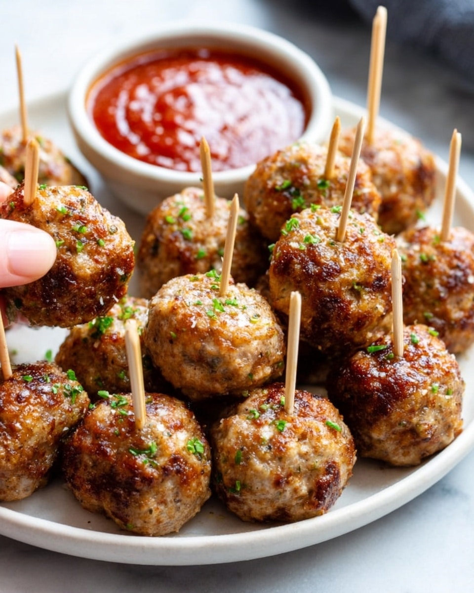 A white plate filled with about fifteen golden brown meatballs sprinkled with small green herbs. Some meatballs have thin wooden sticks inserted into them, making them easy to pick up. Behind the plate, on the white marbled surface, there is a small white bowl filled with red dipping sauce that looks smooth and thick. The lighting is bright, making the meatballs shiny and showing their slightly rough texture. A woman's hand is partly visible, holding one of the wooden sticks to lift a meatball. Photo taken with an iphone --ar 4:5 --v 7