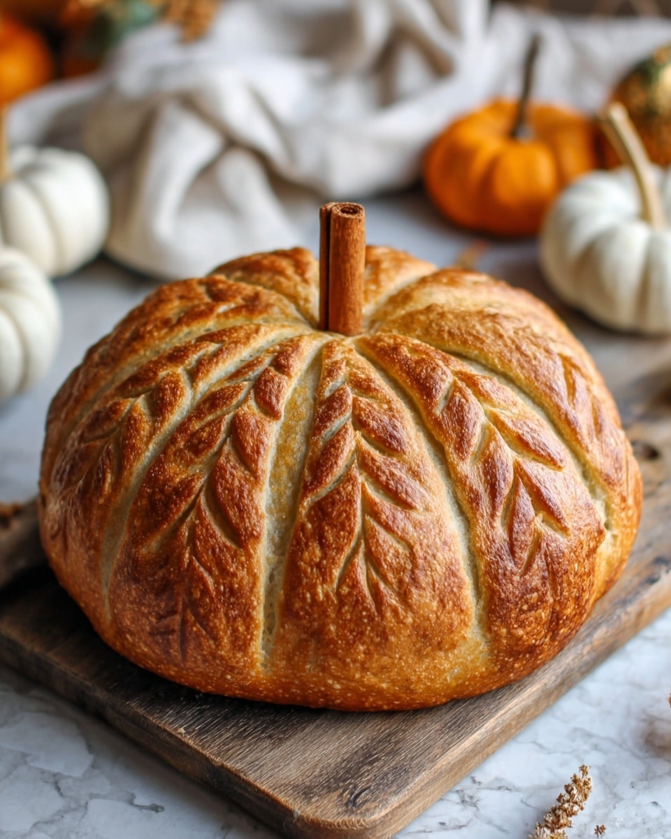 A round loaf of bread shaped like a pumpkin sits on a wooden board on a white marbled surface. The bread has a golden-brown crust with carved leaf patterns on top, creating a textured look. A cinnamon stick is placed vertically in the center, acting as the pumpkin stem. Around the bread, there are small white and orange pumpkins in the background, softly blurred. A white cloth is slightly visible behind the board, adding to the cozy setting. Photo taken with an iphone --ar 4:5 --v 7