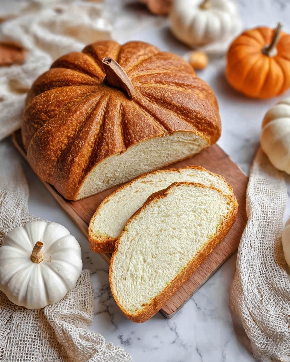 A round loaf of bread shaped like a pumpkin with a golden-brown crust and deep carved lines to mimic pumpkin ridges, topped with a cinnamon stick as the stem in the center. The bread is sliced, showing a soft, light cream-colored inside. The loaf and slices rest on a wooden board placed on a white marbled surface. Around the bread are small white and orange pumpkins and light beige woven fabric pieces adding a cozy autumn feel. Photo taken with an iphone --ar 4:5 --v 7