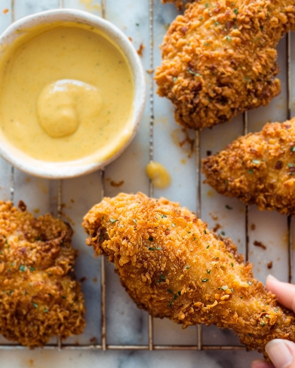 The image shows two pieces of golden brown crispy fried chicken on a white marbled surface with a wire rack beneath. The chicken has a crunchy, textured coating with small bits of herbs visible. To the left, there is a small white bowl filled with creamy yellow sauce, smooth in texture, and a woman's hand holding a piece of chicken partially dipped into the sauce. The lighting highlights the crispiness of the coating, making the chicken look fresh and appetizing. photo taken with an iphone --ar 4:5 --v 7