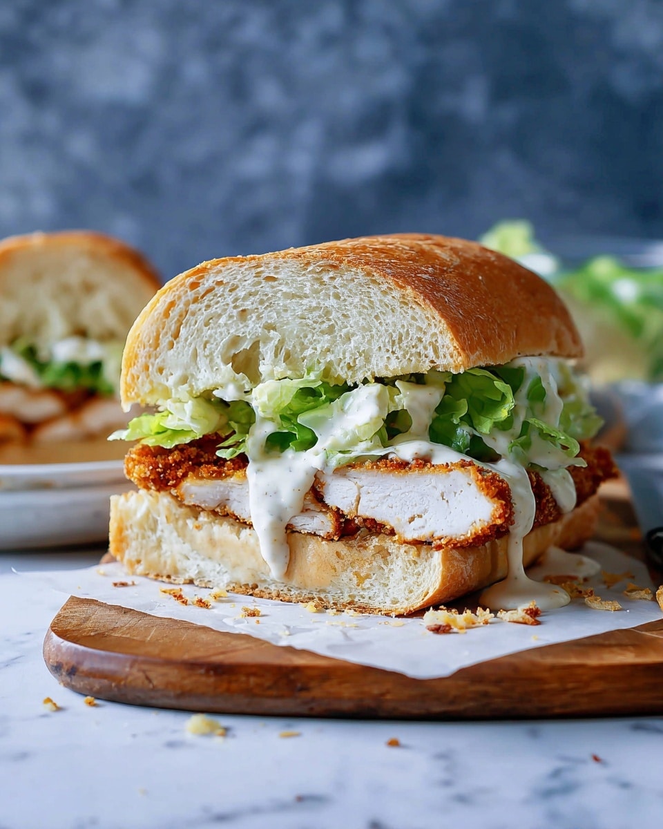 The image shows a sandwich with three layers on a white plate that is placed on a white marbled surface. The bottom layer is a piece of soft, thick bread with a light golden crust. On top of the bread, there is a piece of fried meat with a golden brown crispy crust and a white inside. Over the meat, fresh green lettuce is placed, partially covered with a creamy white sauce that is dripping down the side. The top layer is a thick piece of the same soft bread with a golden crust. Crumbs are scattered around the plate and part of a wooden cutting board is visible under the plate. Photo taken with an iphone --ar 4:5 --v 7
