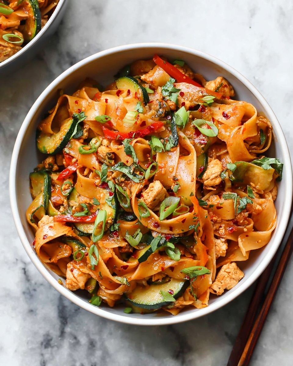 A white bowl filled with wide, flat orange noodles mixed with small pieces of cooked light brown chicken and vegetables including sliced green zucchini, red and green bell pepper strips, and chopped green onions. The dish is garnished with flakes of red chili and fresh green herbs, giving it a colorful and fresh look. The bowl is placed on a white marbled surface with a pair of wooden chopsticks beside it photo taken with an iphone --ar 4:5 --v 7