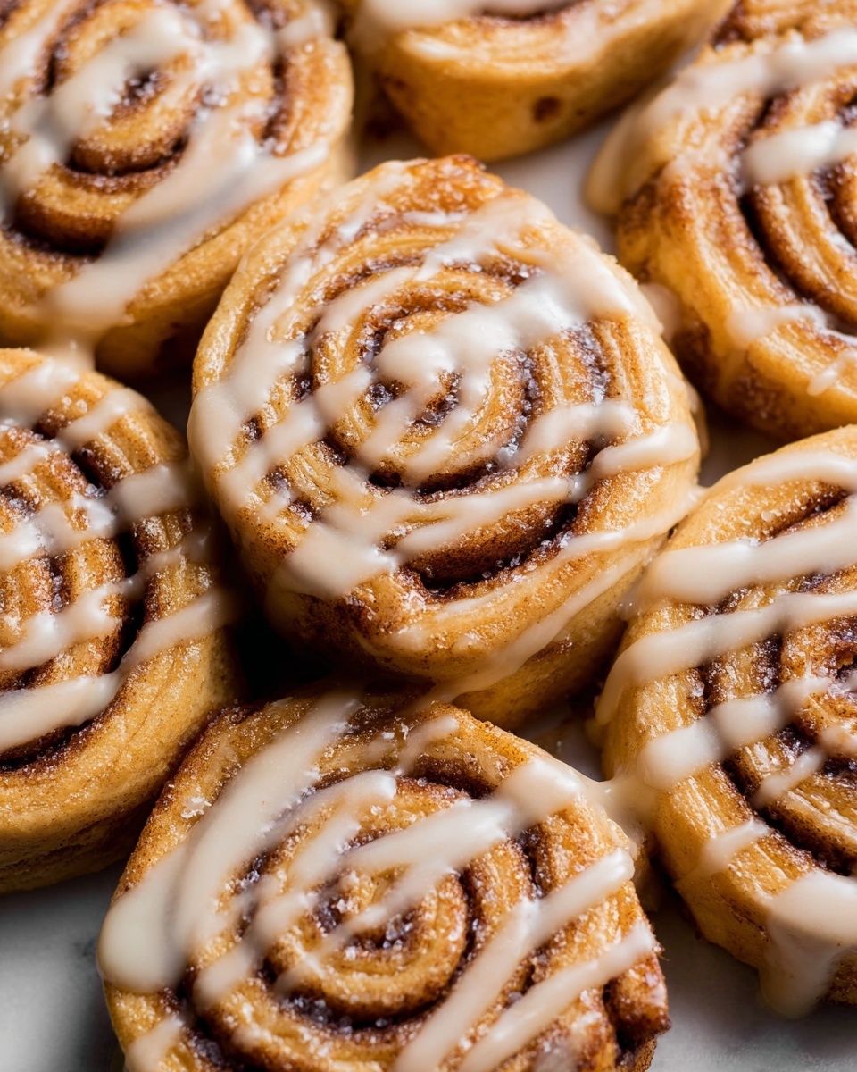 The image shows a close-up of a stack of cinnamon rolls with a bitten top one, revealing a soft, crumbly, light brown interior with a darker cinnamon swirl inside. The cinnamon rolls are golden brown with a visible spiral pattern and topped with a layer of white, creamy icing that looks smooth and slightly thick. The rolls are placed closely together on a white marbled surface with a few crumbs scattered around. The focus is sharp on the stacked cinnamon rolls, while the background is softly blurred with more cinnamon rolls visible. Photo taken with an iphone --ar 4:5 --v 7