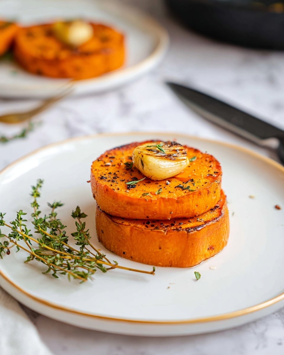 The image shows two thick orange slices of roasted sweet potato stacked slightly on top of each other on a large white plate with a thin gold rim. Each slice has a nicely browned, slightly crispy surface with visible black pepper specks. On top of the upper slice, there is a small roasted garlic clove and a sprig of fresh green thyme. The plate is set on a white marbled surface. In the background, there is a knife with a black handle and a white plate with another roasted sweet potato slice, slightly out of focus. A black handle of a pan is also partly visible. The photo taken with an iphone --ar 4:5 --v 7